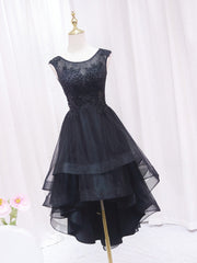 Formal Dress For Teen, A-Line Lace Tulle Black Short Prom Dress, High Low Black Homecoming Dress