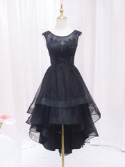 Formal Dresses Long Elegant, A-Line Lace Tulle Black Short Prom Dress, High Low Black Homecoming Dress
