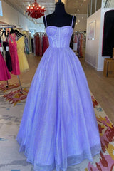 Party Dress White, A-Line Lavender Shiny Tulle Prom Dress, Long Spaghetti Strap Evening Dress