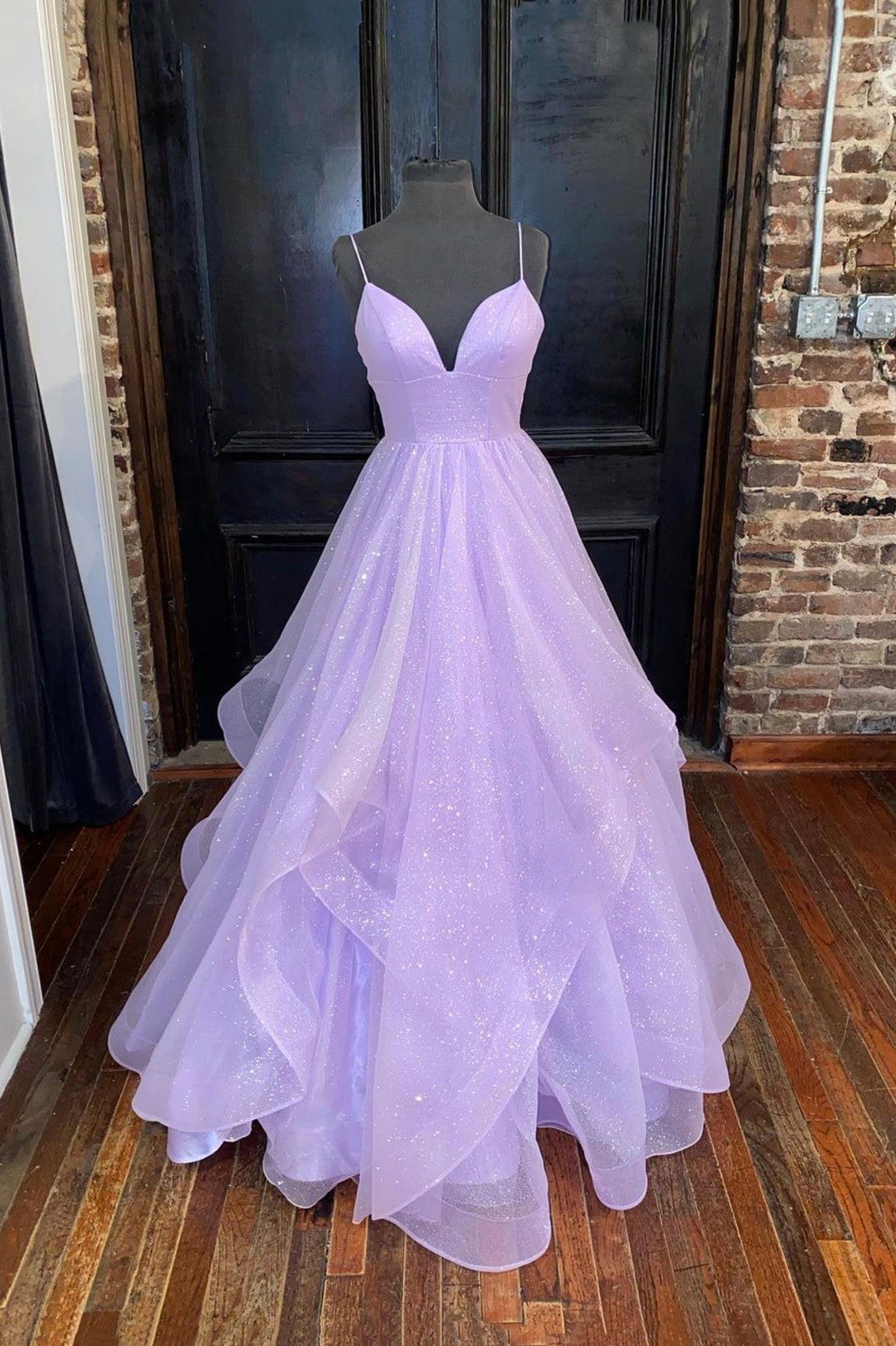 Prom Dress Long Sleeves, A-Line Lavender Shiny Tulle Prom Dresses, Long Spaghetti Strap Evening Dresses