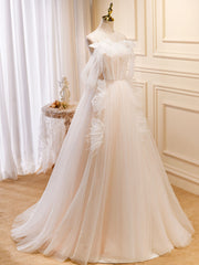 Prom Dresses Inspiration, A-Line Light Champagne Long Prom Dresses, Light Champagne Lace Formal Dresses