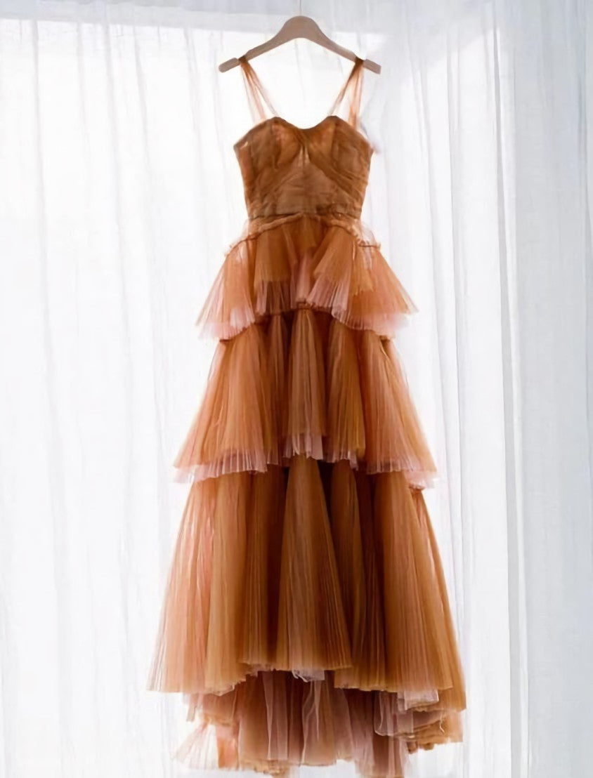 Party Dress A Line, A Line Long Brown Tulle Prom Dresses