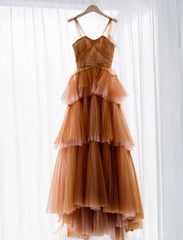Party Dresses Ideas, A Line Long Brown Tulle Prom Dresses