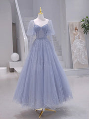 Homecoming Dress With Tulle, A-Line Long sleeves Beading Gray Blue Long Prom Dress, Gray Blue Formal Dress