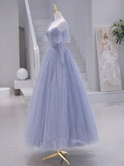 Homecoming Dresses With Tulle, A-Line Long sleeves Beading Gray Blue Long Prom Dress, Gray Blue Formal Dress