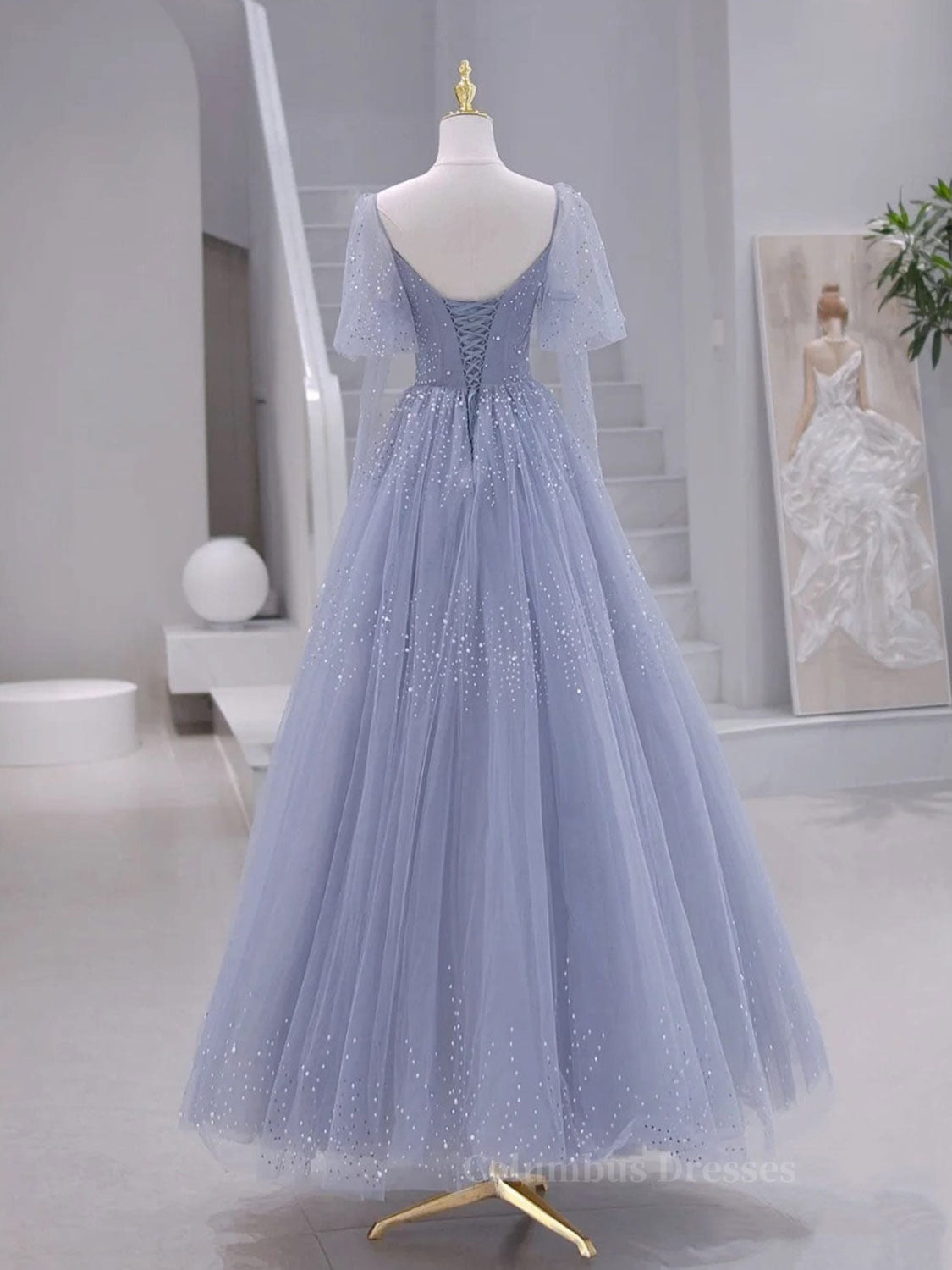 Homecomming Dresses Blue, A-Line Long sleeves Beading Gray Blue Long Prom Dress, Gray Blue Formal Dress
