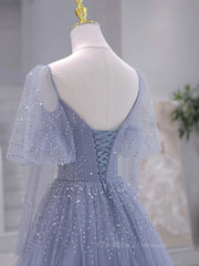 Homecomeing Dresses Blue, A-Line Long sleeves Beading Gray Blue Long Prom Dress, Gray Blue Formal Dress