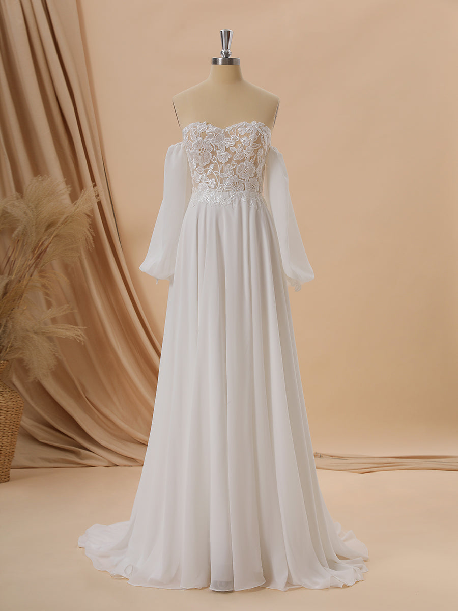 Wedding Dress Online Shopping, A-line Long Sleeves Chiffon Sweetheart Appliques Lace Court Train Corset Convertible Wedding Dress