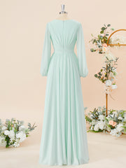 Evening Dresses Simple, A-line Long Sleeves Chiffon V-neck Pleated Floor-Length Bridesmaid Dress
