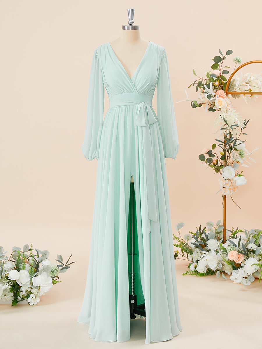 Evening Dress Simple, A-line Long Sleeves Chiffon V-neck Pleated Floor-Length Bridesmaid Dress