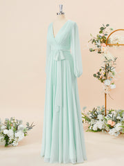 Evening Dresses Princess, A-line Long Sleeves Chiffon V-neck Pleated Floor-Length Bridesmaid Dress