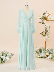 Evening Dresses Gowns, A-line Long Sleeves Chiffon V-neck Pleated Floor-Length Bridesmaid Dress