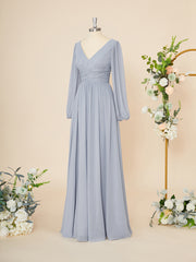 Party Dresses Sales, A-line Long Sleeves Chiffon V-neck Pleated Floor-Length Dress