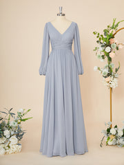 Party Dresses Shopping, A-line Long Sleeves Chiffon V-neck Pleated Floor-Length Dress