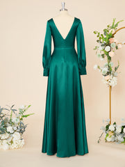 Mother Of The Bride Dress, A-line Long Sleeves Elastic Woven Satin V-neck Floor-Length Dress