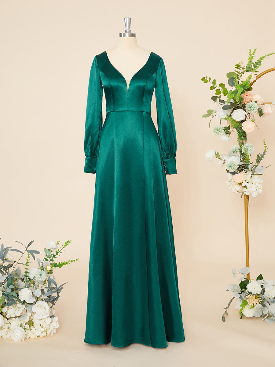 Boho Wedding, A-line Long Sleeves Elastic Woven Satin V-neck Floor-Length Dress