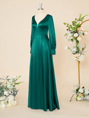 Bridesmaids Dress Peach, A-line Long Sleeves Elastic Woven Satin V-neck Floor-Length Dress