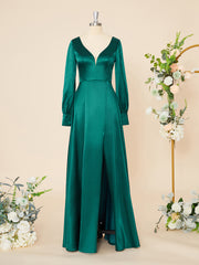Bridesmaid Dress Dusty Rose, A-line Long Sleeves Elastic Woven Satin V-neck Floor-Length Dress