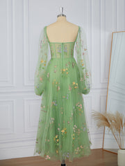 Prom Dresses Sleeves, A-line Long Sleeves Lace Sweetheart Flower Corset Tea-Length Dress
