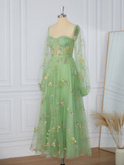 Prom Dresses Sleeve, A-line Long Sleeves Lace Sweetheart Flower Corset Tea-Length Dress