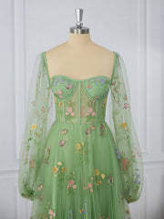 Prom Dress Sleeves, A-line Long Sleeves Lace Sweetheart Flower Corset Tea-Length Dress