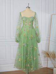 Prom Dress Sleeve, A-line Long Sleeves Lace Sweetheart Flower Corset Tea-Length Dress