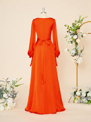 Bridesmaid Nail, A-line Long Sleeves Satin Chiffon Square Floor-Length Dress