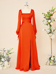 Floral Bridesmaid Dress, A-line Long Sleeves Satin Chiffon Square Floor-Length Dress