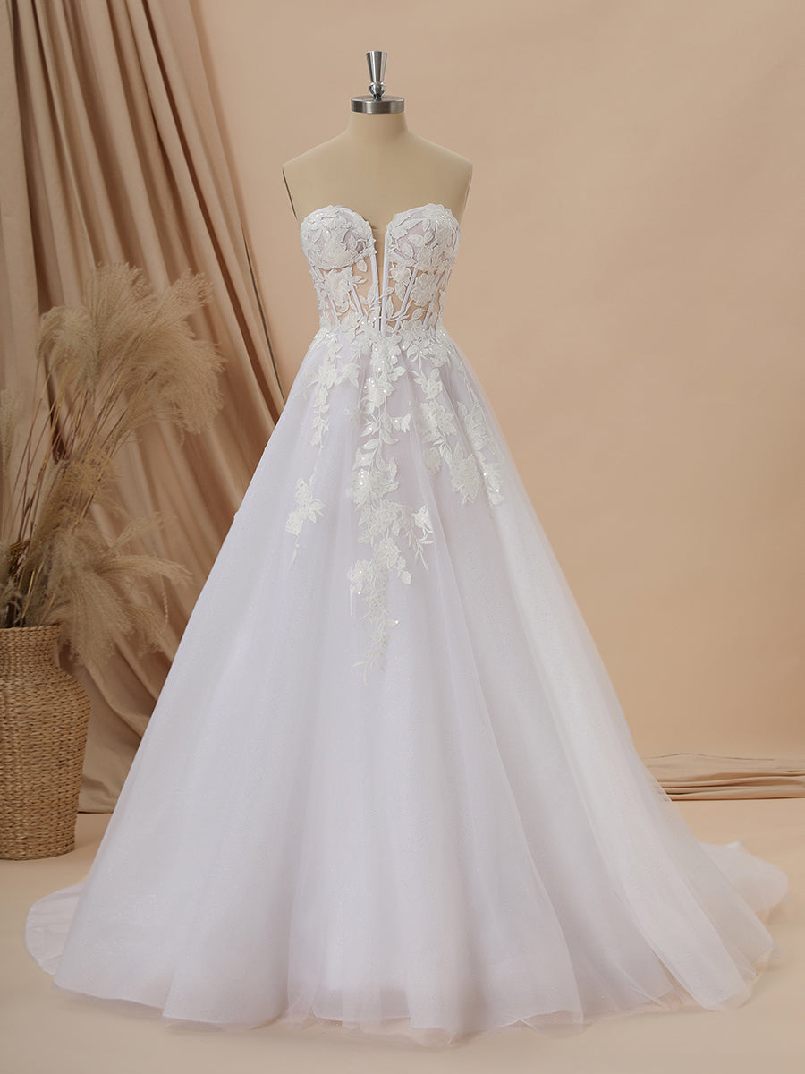 Wedding Dresses Inspiration, A-line Long Sleeves Tulle Sweetheart Appliques Lace Chapel Train Corset Convertible Wedding Dress