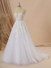 Wedding Dress Inspired, A-line Long Sleeves Tulle Sweetheart Appliques Lace Chapel Train Corset Convertible Wedding Dress
