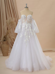 Wedding Dresses Outfit, A-line Long Sleeves Tulle Sweetheart Appliques Lace Chapel Train Corset Convertible Wedding Dress