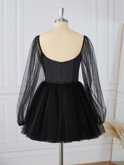 Prom Dress Stores, A-line Long Sleeves Tulle Sweetheart Bow Corset Short/Mini Dress