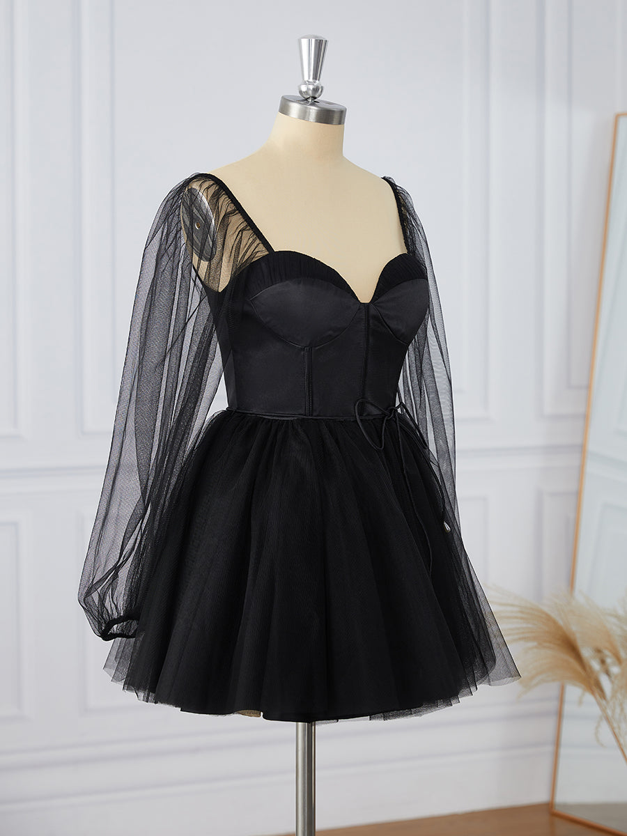 Prom Dresses Stores, A-line Long Sleeves Tulle Sweetheart Bow Corset Short/Mini Dress