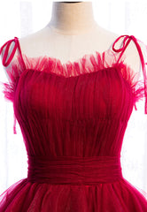 Bridesmaids Dress Blush, A-Line Long Spaghetti Strap Red Prom Dresses,Black Layers Tulle Evening Dress