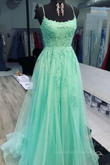 Prom Outfit, A Line Mint Green Lace Long Prom Dresses, Mint Green Lace Formal Graduation Evening Dresses
