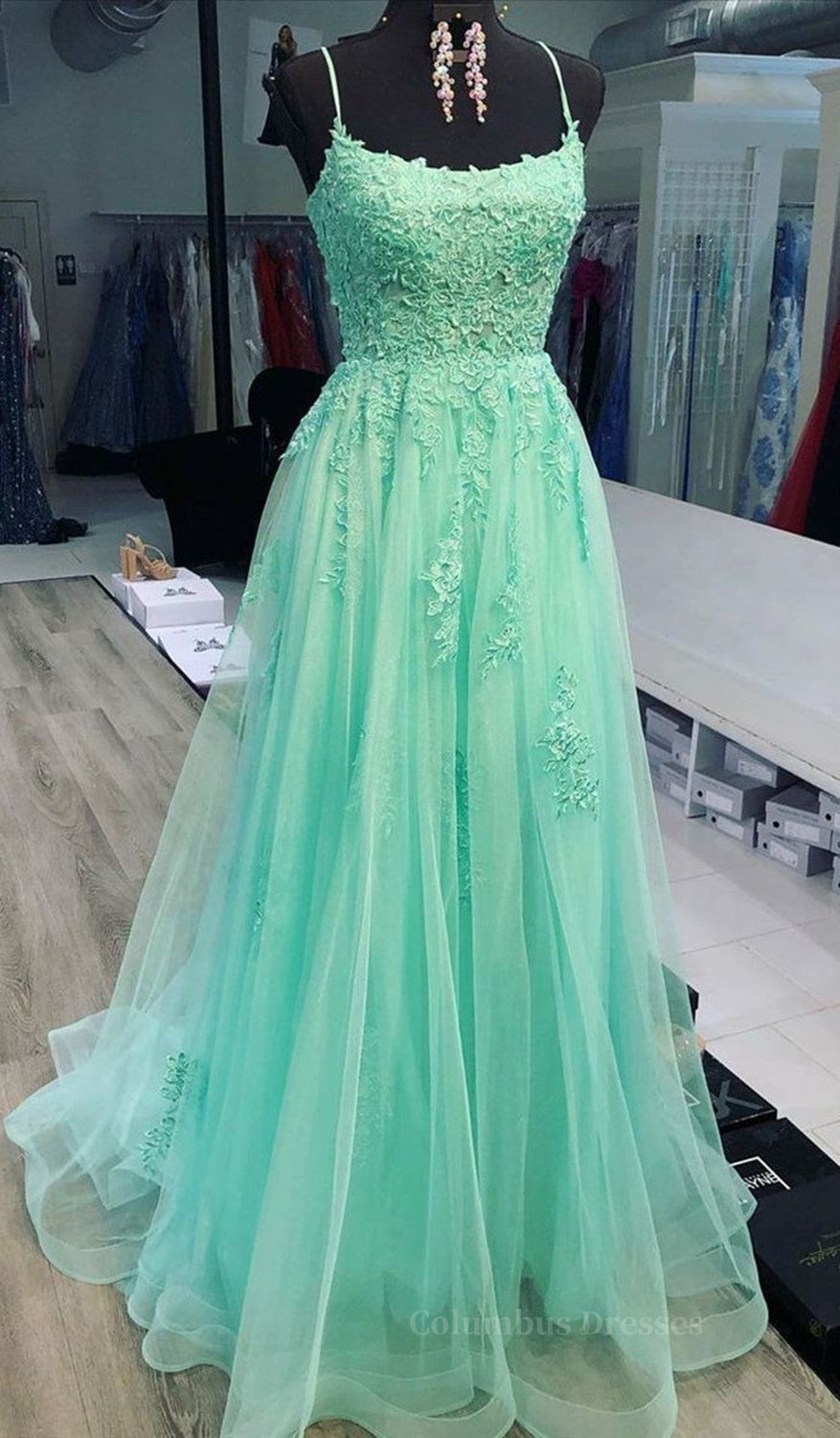 Design Dress, A Line Mint Green Lace Long Prom Dresses, Mint Green Lace Formal Graduation Evening Dresses