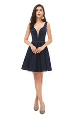 Evening Dresses 90036, A-Line Navy Blue V-neck Mini Short Beading Homecoming Dresses k08