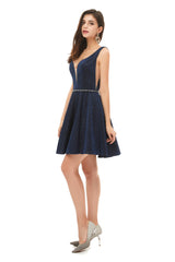 Evening Dress Wholesale, A-Line Navy Blue V-neck Mini Short Beading Homecoming Dresses k08
