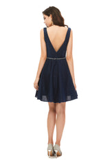 Evening Dress Gown, A-Line Navy Blue V-neck Mini Short Beading Homecoming Dresses k08
