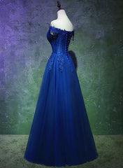 Bridesmaid Dress Different Styles, A-line Off Shoulder Blue Beaded and Lace Long Party Dress, Blue Formal Dress