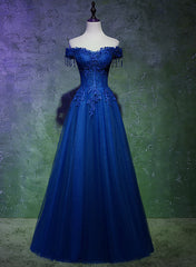 Bridesmaids Dresses Different Styles, A-line Off Shoulder Blue Beaded and Lace Long Party Dress, Blue Formal Dress