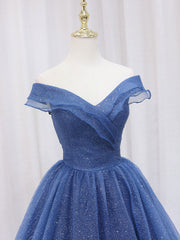 Prom Dresses Dresses, A-Line Off Shoulder Dark Blue Long Prom Dress, Shiny Tulle Long Graduation Dress