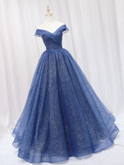 Prom Dress Dresses, A-Line Off Shoulder Dark Blue Long Prom Dress, Shiny Tulle Long Graduation Dress