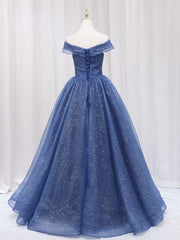 Prom Dresses Dress, A-Line Off Shoulder Dark Blue Long Prom Dress, Shiny Tulle Long Graduation Dress