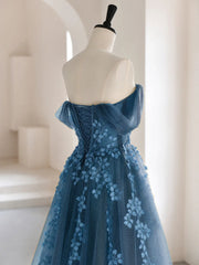 On Shoulder Dress, A-line Off Shoulder Gray Blue Tulle Long Prom Dress, Gray Blue Long Formal Dress