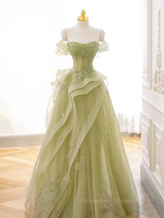 Homecoming Dress Floral, A-Line Off Shoulder Green Lace Long Prom Dress, Green Formal Dress