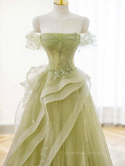 Homecomming Dresses Floral, A-Line Off Shoulder Green Lace Long Prom Dress, Green Formal Dress