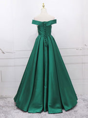 Homecoming Dresses Unique, A-Line Off Shoulder Green Satin Long Prom Dresses, Green Evening Dresses