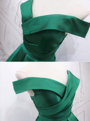 Homecoming Dress 2024, A-Line Off Shoulder Green Satin Long Prom Dresses, Green Evening Dresses