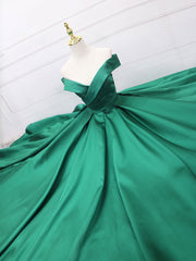 Homecoming Dress Websites, A-Line Off Shoulder Green Satin Long Prom Dresses, Green Evening Dresses